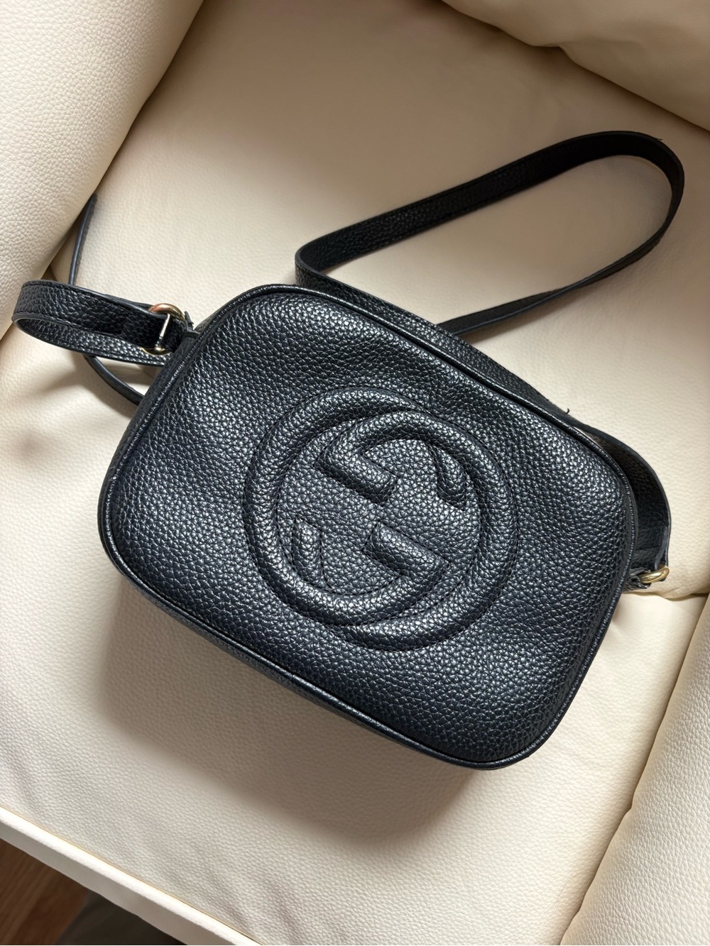 Gucci Black Pebbled Leather Crossbody with Debossed Logo